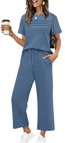Desol Conjunto de chándal de mujer de dos piezas para verano - Parte superior de manga corta con arrugas y holgado y pantalón 7/8 con bolsillos - Ropa de estar por casa para viajes, ocio y uso