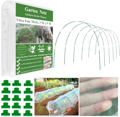 WYRJXYB Gartennetz Set- 36Pcs Pflanztunnel Bögen mit Netz 3X9m hochbeet Abdeckung,Folientunnel für Pflanzenschutznetz,Insektenschutz Hochbeet,Gewächshaus Tunnel Hochbeet Netz für Pflanzen Gemüse