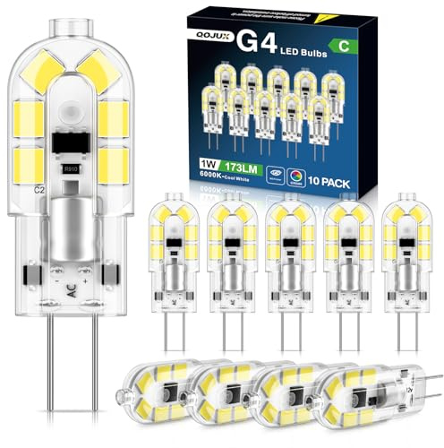 QOJUX G4 LED Lampen, 1W 173LM G4 LED Birnen Klasse C, Ersatz für 15W 20W Halogenlampen, Kaltweiß 6000K Energiesparlampe, 12V AC/DC Stiftsockel, Nicht Dimmbar Kein Flimmern, 10er Pack