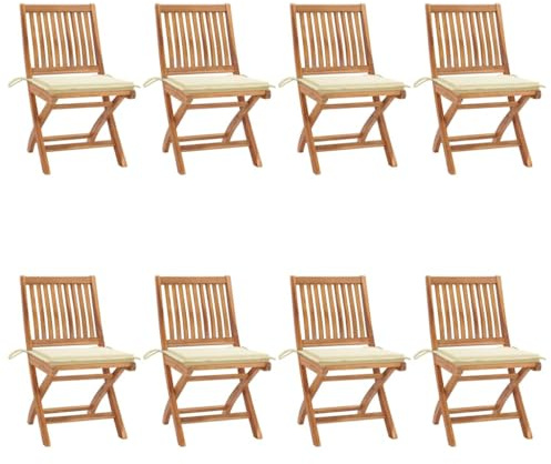 Mokuyary Fällbara trädgårdsstolar med kuddar, set om 8, massivt trä, teak, balkongstol, terrassstolar, matstolar för terrass, trädgård, balkong – E