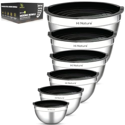 Hi Nature™ Set di ciotole con coperchio in acciaio inox, set di 6 ciotole per mescolare con coperchio, antiscivolo e impilabili, lavabili in lavastoviglie, ciotole da 1,4 l, 1,9 l, 2,4 l, 3,2 l, 5 l