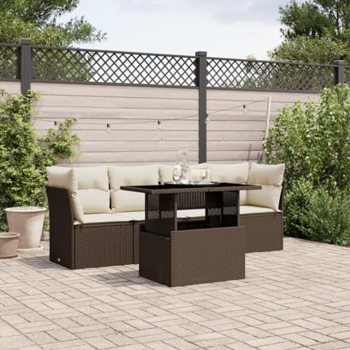 Frdhee Gartenmöbelset, 5-TLG. Garten-Sofagarnitur mit Kissen Braun Poly Rattan Balkonset für Balkons, Innen- und Außenbereich, Terrasse, Hinterhof