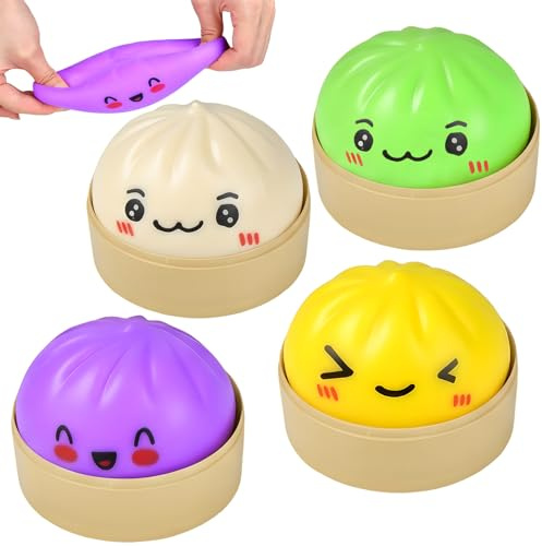 Dumpling Squishy Toy, 4 Stück XXL Squishy Dumpling mit Dampfgarer, Anxiety Relief Anti Stress Ball Knetball Fidget Toys, Mystery Box Dumplings Squishies für Kinder & Erwachsene