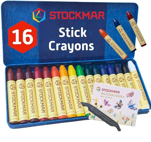 Stockmar 32000 Wachsmalstifte (16 Stifte, wasserfest, papergewickelt, aus Bienenwachs, im Blechetui), bunt