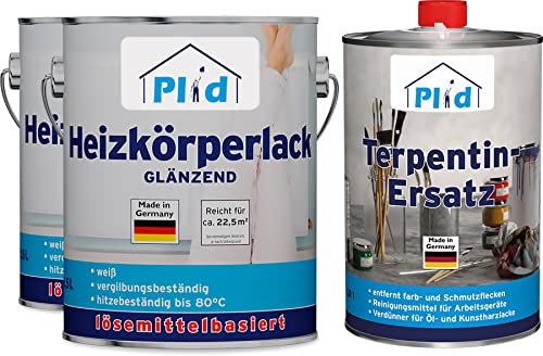 Plid® Heizkörperlack lösemittelhaltig - Thermolack Metalllack Heizkörperfarbe Lack Farbe für heizkörperverkleidung schnelltrocknend 2in1 hitzebeständig 80° Glänzend Weiß 5l Terpentinersatz