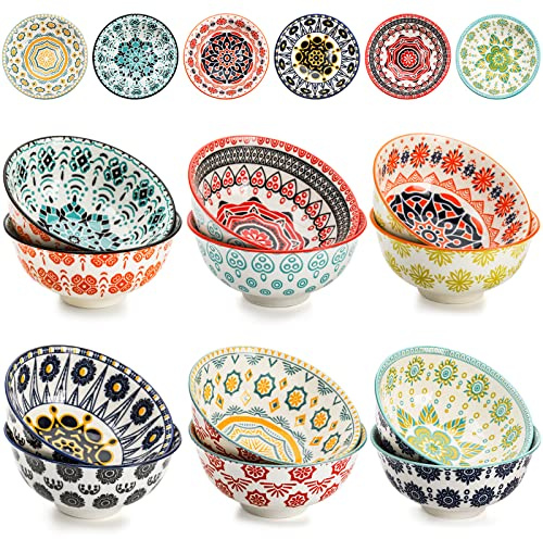 Cedilis 12 Pack Small Ceramic Bowls, Colorful Porcelain Ice Cream Bowl, 10 Fl-oz Assorted Dessert Bowls, Decorative Bowl Set for Snack, Yogurt, Appetizer, Condiments, Dip, Soup, Rice