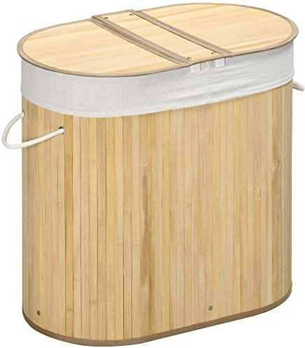 HOMCOM Cesto Portabiancheria Sporca in Bambù a 2 Sezioni, 2 Coperchi e Capacità 100L, Cesta Panni Sporchi con Sacca Interna Removibile, 62.5x37x60.5 cm, Bianco e Color Legno