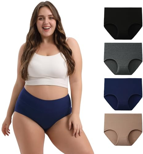 INNERSY Slip Donna Cotone Vita Alta Mutande Taglie Forti Comode Mutandine Morbide Pacco da 4 (EU 52-54, Nero, Blu Scuro, Grigio, Kaki)