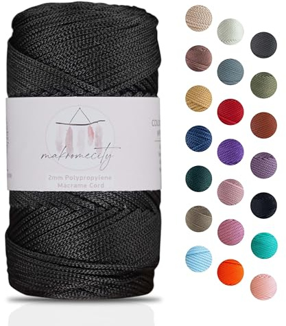 Makromecity, Makramee-Schnur, Polyester, 2 mm x 114,3 m, 2 mm, Polypropylen, Häkeln, Makramee, Tasche, Kordel für Wandbehänge, Taschen, Unterteller, Teppich (1, Schwarz)