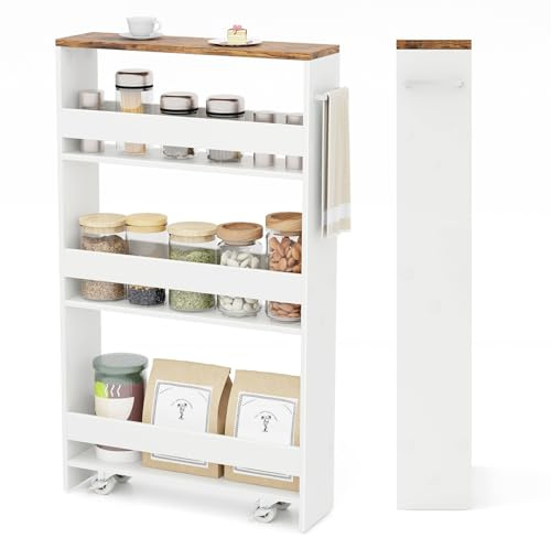 TANGZON 4-Tier Storage Trolley, Slide Out Slim Rolling Kitchen Cart with Wheels & Handle, Space-Saving Utility Shelving Unit for Living Room Laundry Narrow Place (47x13x80cm, White+Rustic Brown)