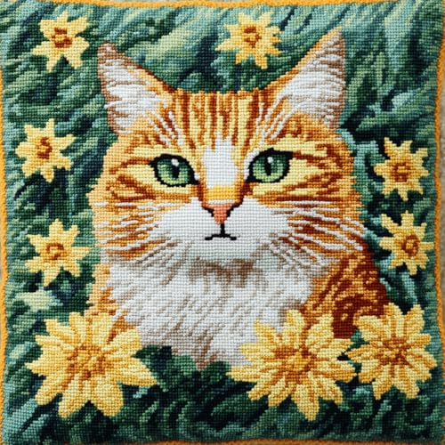ASONGLINGO Kit de Crochet de Verrouillage Coussin Chat dans les fleurs DIY Broderie Kit Tapis Point Noué à Faire pour Débutants, Latch Hook Canevas Coussin Point 43x43cm