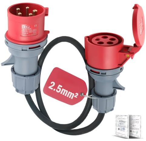 Adapter 32A auf 16A, Starkstrom Adapter IP44 Schutz (1m) | CEE Adapter 32A Stecker 16A Kupplung, IP44, flammhemmendes Nylongehäuse, flexible Gummileitung, für Baustelle, Werkstatt