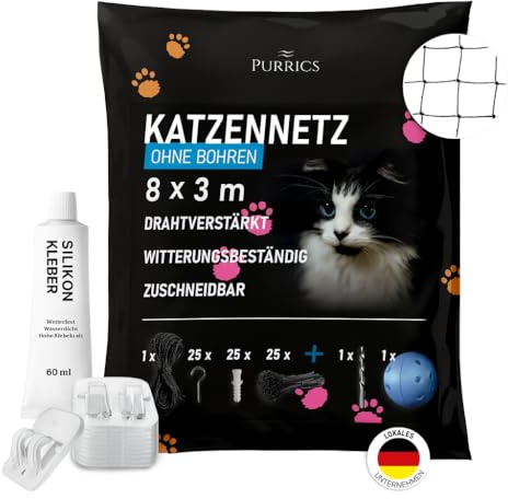 Purrics Katzennetz für Balkon ohne Bohren – Inkl. 75 Klebehaken & Silikonkleber – 8x3m – Katzennetz drahtverstärkt – bissfest & wetterfest – Katzenschutznetz für Fenster & Terrasse - schwarz
