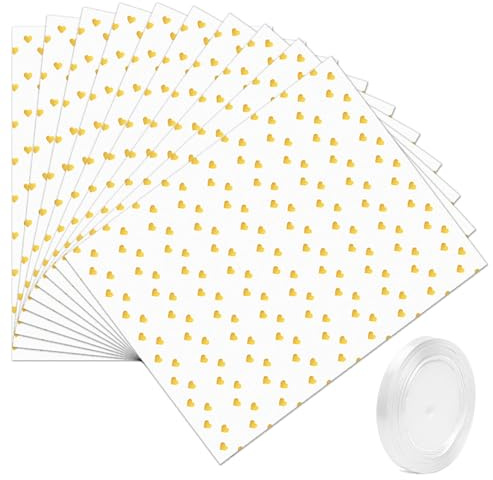 Carta da regalo con cuori, Bianco Decorativa Set 10 fogli 50x70cm + 22m di nastro Imballaggio Decorazione Design romantico bianco e oro per San Valentino matrimoni anniversari compleanni e fai da te