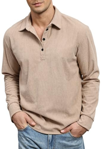 Comilaka Herr Pikétröja Långärmad Manchester Casual Polotröja Kontrastfärger T-shirt Topp Höst Vinter, khaki, L