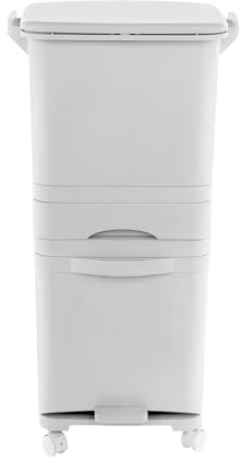 Cubo de basura triple de 42 l con ruedas, 3 en 1, con cajón y pedal, sistema de separación de residuos de 9,24 Gal, 4 ruedas (2 frenos), 84 cm de alto para cocina, oficina, hogar, color blanco