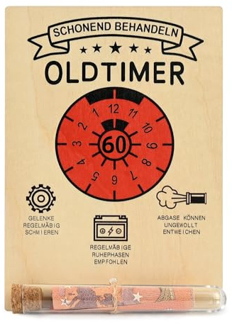 MINISONA Holz-Geburtstagskarte 60 – Lustiges Geldgeschenk mit SCHONEND BEHANDELN OLDTIMER-Motiv und Reagenzglas für Männer zum 60. Geburtstag (60)