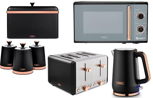 Tower Cavaletto Black & Rose Gold 7 Piece Kitchen Appliance & Storage Set - 1.7L Jug Kettle, 4 Slice Toaster, 800W 20L Microwave, Breadbin & 3 Canisters. Contmeporary Matching Kitchen Set