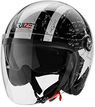CRUIZER - Casco omologato nero lucido per scooter moto Demi Jet con grafica stella, doppia visiera, interni antibatterici ed anallergici (M)