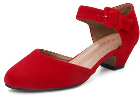 LIURUIJIA Women's Closed Toe Low Chunky Heel Pumps Ankle Strap Dress Shoes for Work Wedding Party Velvet Red 41 US 8.5