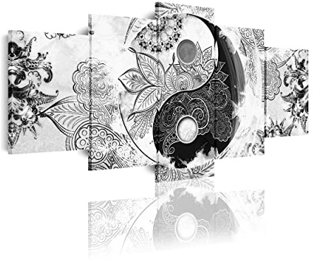 DekoArte - Cuadros Modernos Impresión Imagen Artística | 5 Piezas 200x100cm | Lienzo Decorativo Para Salón o Dormitorio | Estilo Ying Yang Abstractos Zen Colores Blanco Negro XXL