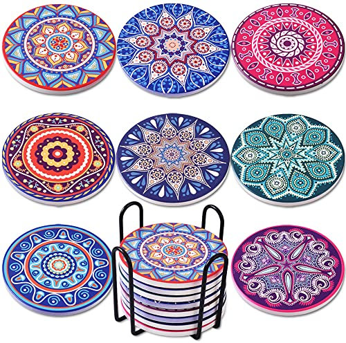 Newk Untersetzer für Getränke, Set mit 8 absorbierenden Keramik-Untersetzern mit Metallhalter, Mandala-Untersetzer für Couchtisch, tolle Einzugsgeschenke