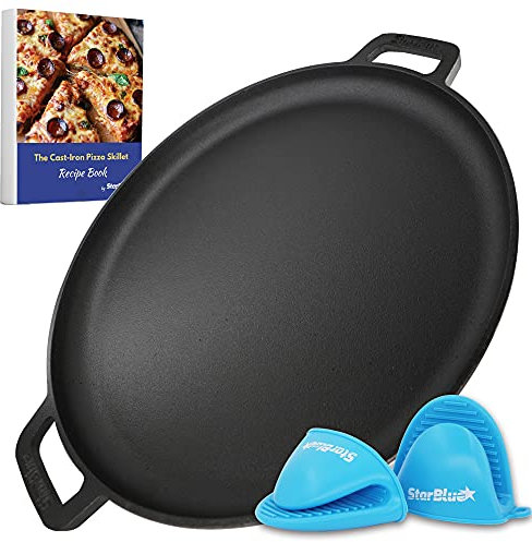 StarBlue 40.6cm Cast Iron Pizza Pan Round Griddle with Free Silicone Handles and 30 Recipes Ebook– Pre-Seasoned Comal, Kitchen Essentials for Lovers, Baking, Grill, BBQ, Stove Oven Safe