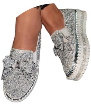 Minetom Sneakers Damen Pailletten Flache Low Strass Sneaker Glitzer Loafers Turnschuhe Outdoor Freizeitschuhe Laufschuhe Schuhe Slip On Walkingschuhe Slipper B Silber 40 EU