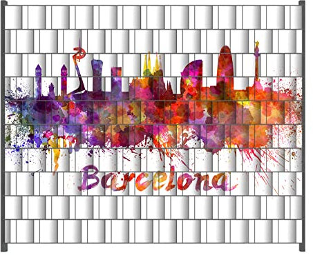 Wallario Zaun Sichtschutz Windschutz für EIN- und Doppelstabmattenzäune in der Größe Breite 2,50m x Höhe 2,00m, Motiv: Städte als Aquarell - Skyline von Barcelona