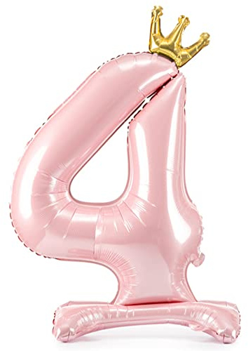 Folienballon Zahl 4 Rosa mit Krone stehend 84 cm Luftbefüllung