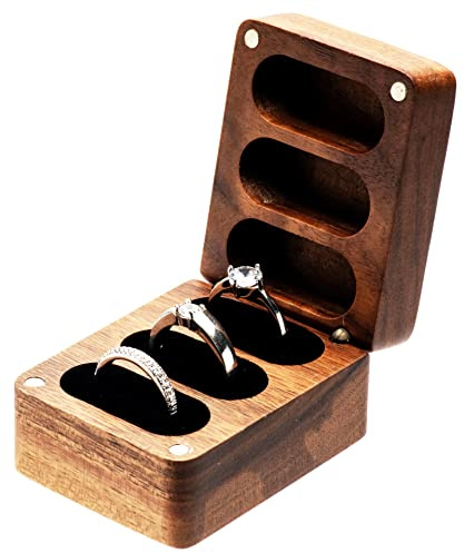 COSISO Walnut Wooden Wedding Ring Storage Box, Solid Ring Holder for 3 Slots, Black Inner