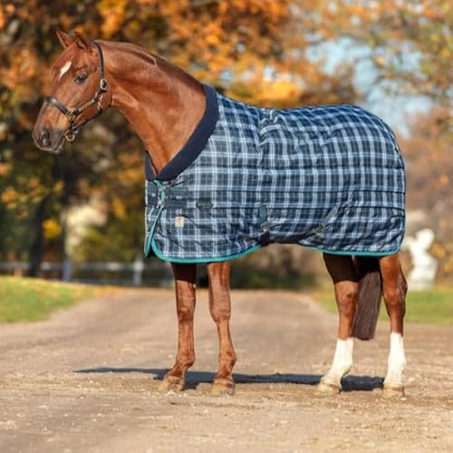 Rhino - Coperta per stalla a vari strati (peso 400 g), taglia: 66, colore: blu navy a quadri (finiture color foglia di tè)