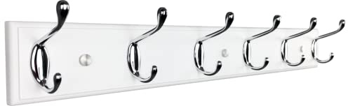 mapeoes Wandgarderobe mit 6 Haken, Holz 58cm Garderobenleiste, weißen und Silber Chrom Hakenleiste, moderner Wandhänger für Eingang, Flur, Schlafzimmer,Kleiderhaken