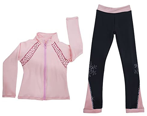 Youthful flying Eiskunstlauf Jacke Hosen Set Outfit Erwachsene Und Kinder Fuzzy Fleece Eislauf Tragen mit Strass, Hochelastisch Trainingskleidung(Size:S,Color:Rosa)