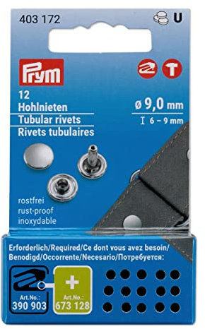 Prym Vario Creative Tool 403172 Lot de 12 rivets creux, Ø 9 mm/6-9 mm, en laiton argenté, pour Vario Creative Tool