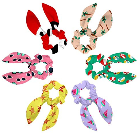 6PCS Hair Scarf Scruncheis for Women Girls, Ribbon Bow Elastic Hair Ties Bands Satin Hair Ribbon Scrunchy Ponytail Holder Accessories,Summer Palm