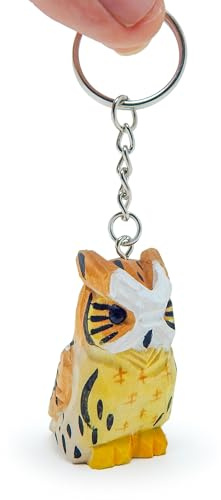 Selsela Great Horned Owl Keychain Ring Hook Clip Charm Farm Bird Miniature Wood Mini Figurine Small Animal