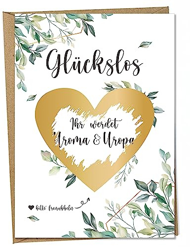 Ninky® Rubbelkarte Ihr werdet Uroma & Uropa Postkarte mit Kuvert - Schwangerschaft verkünden Uroma & Uropa - Rubbellos Herz Gold DIN A6