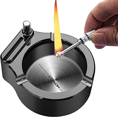 KHAMEO 2 in 1 Metal Matches Lighter and Ashtrays Table Top Lighters Refillable Lighter Soft Flames Leather Butane Lighter for Kitchen Camping Grill Barbecue Fireplace Birthday Gift/Black