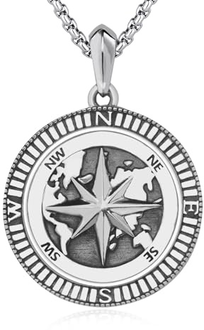 DOTBJ Herren Damen Weltkarte Kompass Anhänger Kette Halskette 925 Sterling Silber Abschluss Geschenk Schmuck mit Edelstahlkette 55,88 cm + 5 cm