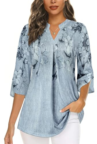 Flikity Ladies Tops 3/4 Sleeve Blouses for Womens UK Professional Work Tunics Tops Notch V Neck Dress Shirts Business Casual Tops Formal Attire No Wrinkle Grey Floral X-Large