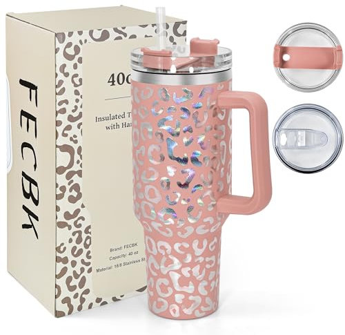 FECBK Mug Isotherme avec Paille et Poignée 1.2L, Tasse Isotherme 100% Anti-fuite, 34 Heures Froid, 12 Heures Chaud, Gobelet en Acier Inoxydable, Lavable au Lave-Vaisselle, Léopard Canyon Clay