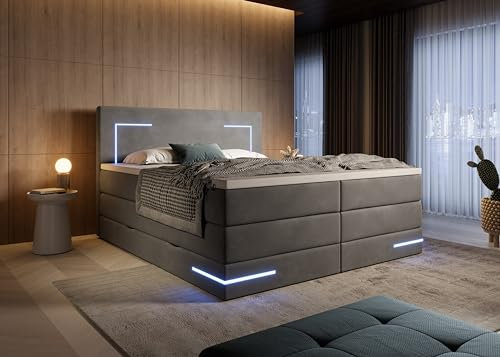 wonello Detroit Boxspringbett 180x200 mit Bettkasten und LED-Beleuchtung - gemütliches Bett mit LED - Stauraumbett 180 x 200 cm mit Matratze und Topper - Samt-Stoff anthrazit - H3/H4