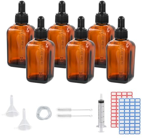 Dondeen Pipettenflasche 50ml,6 pcs braunglas glasflasche pipette,Apothekerflasche,tropfflasche,mit Spritze Trichter,für ätherische Öle, Parfümöle, Flüssigfarbstoffen Aromatherapie Mischungen (50ml)