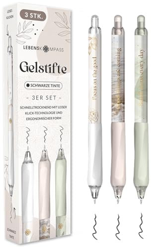 LEBENSKOMPASS® Gelstifte 3er Set Creme schwarze Tinte mit Silent-Klick-Technologie - Hochpigmentierte, Schnelltrocknende Gel Kugelschreiber - Dünne 0,5mm Strichstärke Gelschreiber - 3 Stück