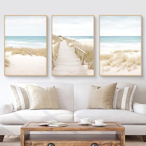 Viusneun 3er Poster Set, Boho Blauer Meerblick Wandbilder, Natur Strand Wild Schilf Bilder, Modern Wanddeko, Vintage Bilder Deko für Wohnzimmer Schlafzimmer-Ohne Rahmen (50x70cm)