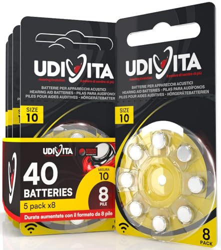40 Batterie Udivita Misura 10 per Apparecchi Acustici Auricolari PR70 (Gialle - Zinco Aria) con Phono Pulse Technology per Amplificatore Acustico - 5 Blister da 8 Pile