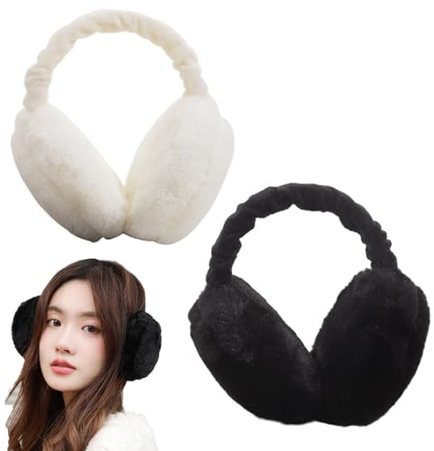 AWOCAN Earmuffs Women Fluffy Ear Muff Ear Warmers Winter Warm Plush Earmuff Foldable Unisex (BLACK+WHITE)