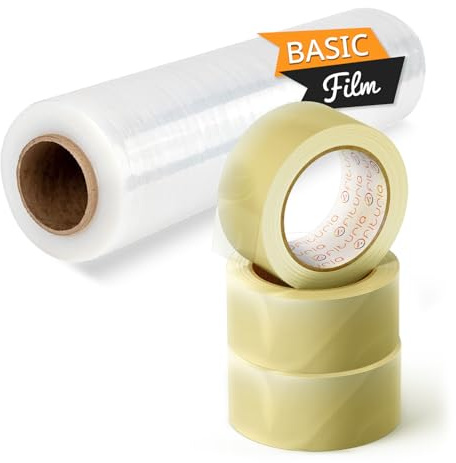 OFITURIA Cinta Adhesiva y Film Transparente para Embalaje de Cajas y Muebles, Kit de Embalaje Completo, Film Estirable hasta 200m, Protección ideal para Envíos y Mudanzas (Kit Escudo)