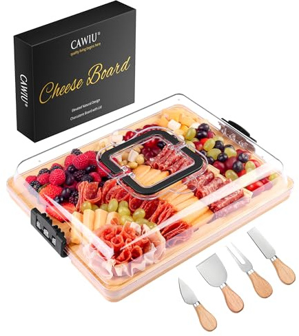 CAWIU Charcuterie Board with Lid and Handle - Portable Travel Design Bamboo Cheese Board Set with 4 Cheese Tools, Gift for Housewarming, Weddings, Picnics (6 Compartments, Black)